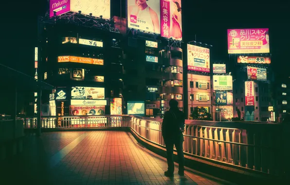 Night, The city, People, Light, Rain, Advertising, Tokyo, Lights