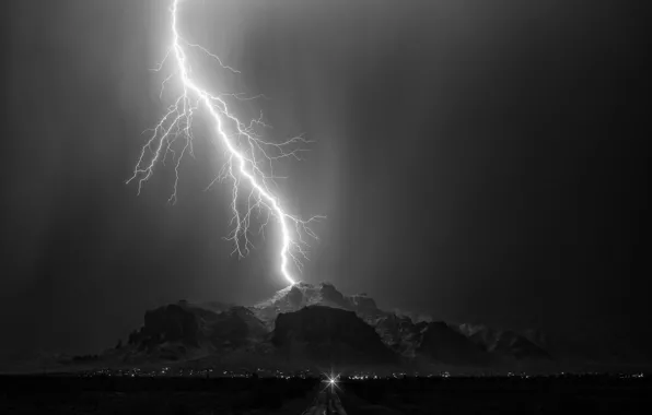 Road, the sky, the city, lightning, mountain, panorama