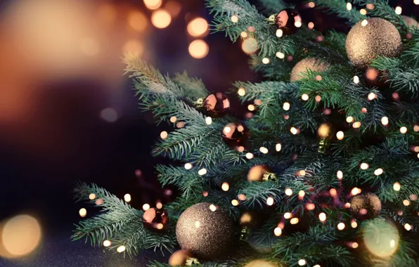 Balls, tree, new year, bokeh, 2018