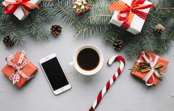 Gift, new year, coffee, phone, fir-tree branches