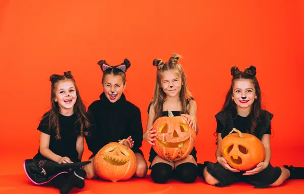 Autumn, children, emotions, girls, the game, pussy, makeup, pumpkin