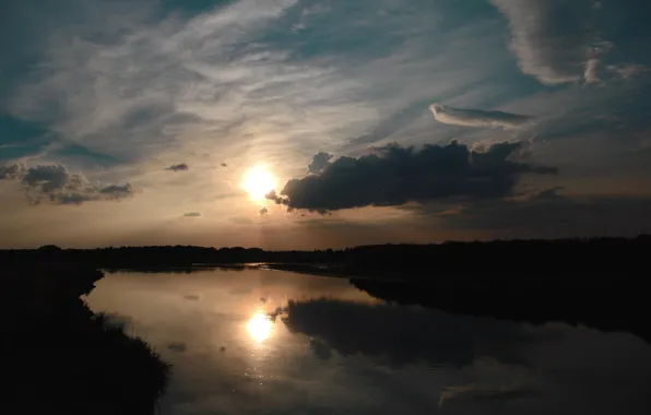 The sky, the sun, clouds, reflection, river