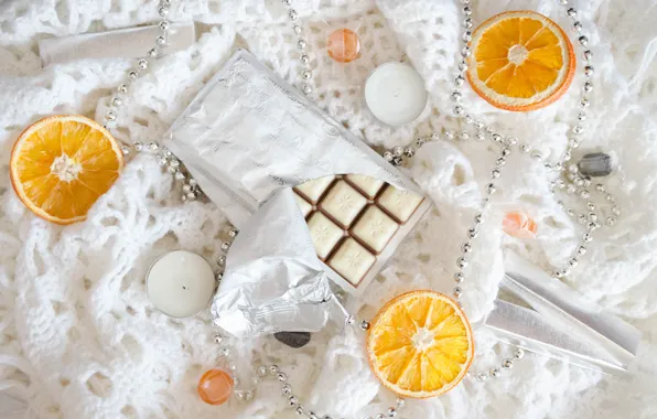 White, chocolate, oranges, candles, Christmas, candy, white background, New year