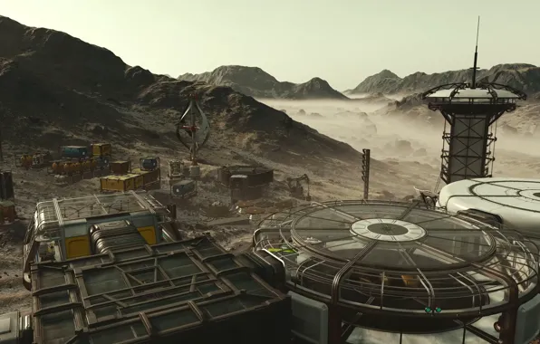 Desert, building, planet, tower, windmill, base, the dome, starfield