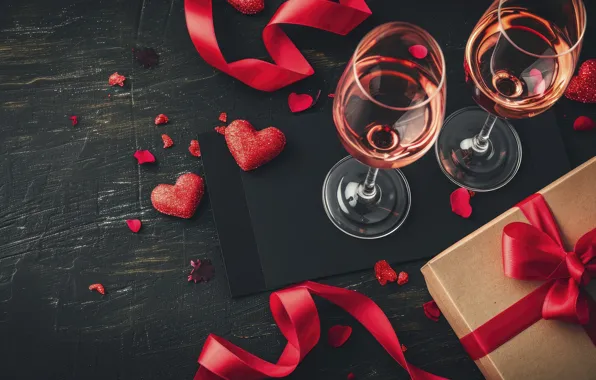 Love, tape, table, holiday, gift, wine, petals, glasses