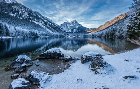 Winter, snow, mountains, lake, rocks, shore