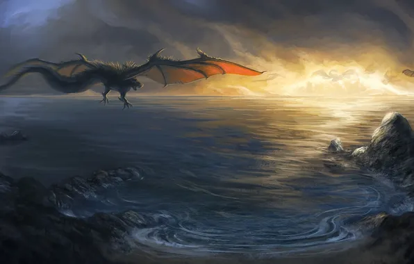 Sea, flight, sunset, rocks, dragons, art