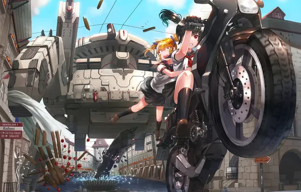 Picture the city, girls, robot, home, anime, art, motorcycle, form