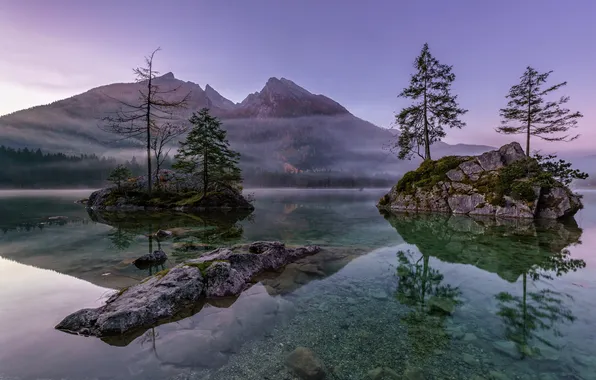 Trees, landscape, mountains, fog, lake, stones, rocks, Germany