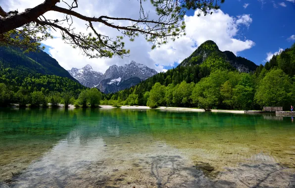 Forest, mountains, lake, Slovenia, Jasna Lake