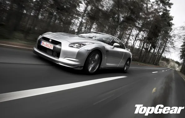 Picture road, forest, speed, silver, nissan, GTR, supercar, Nissan