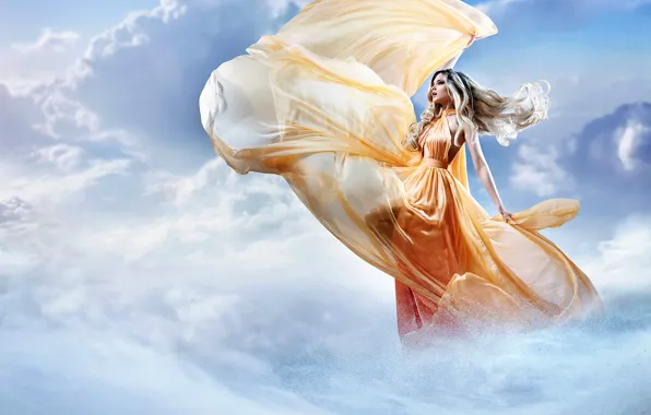 Picture the sky, the sun, clouds, snow, makeup, dress, hairstyle, blonde