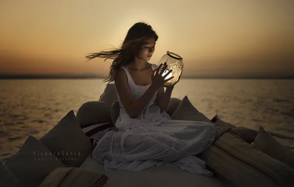 Picture sea, girl, light, night