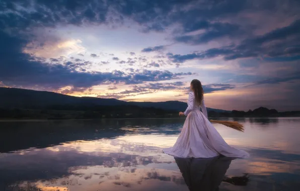 The sky, girl, landscape, nature, romance, dal, dress, long hair