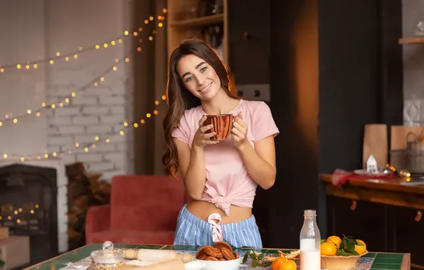 Picture look, smile, Girl, kitchen, tangerines, Anastasia Barmina, Anastasia Stravinsky