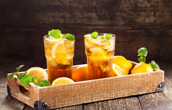 Tea, food, ice, glasses, drink, mint, lemons, tray