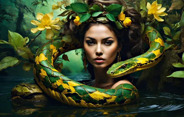 Look, girl, flowers, pose, portrait, snake, Python, AI art