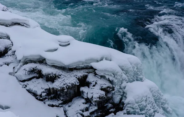 Picture winter, snow, river, for, waterfall, stream, icicles, Iceland