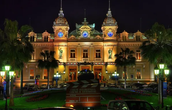 City, lights, Monaco, trees, night, palm trees, architecture, building