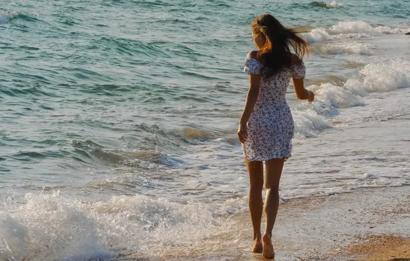 Sea, Beach, Girl, Wave, Summer, Brunette, Beauty, Romance