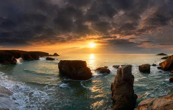 Sea, sunset, rocks, coast, France, panorama, France, Brittany