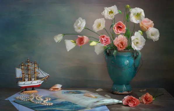 Flowers, table, wall, model, toy, ship, sailboat, bouquet