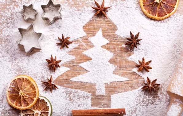 Picture New Year, Tree, Orange, Food, Cinnamon, Powdered Sugar