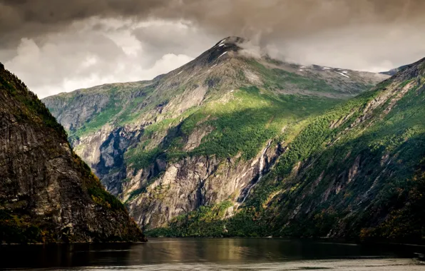 Mountains, clouds, lake, rocks