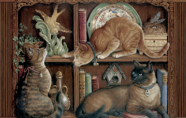 Picture cat, art, shelf, Janet Kruskamp