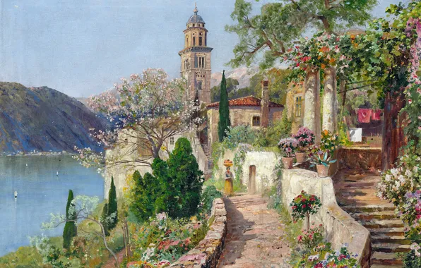 Flowers, Home, Mountains, Trees, Picture, Coast, Alois Arnegger, Alois Arnegger