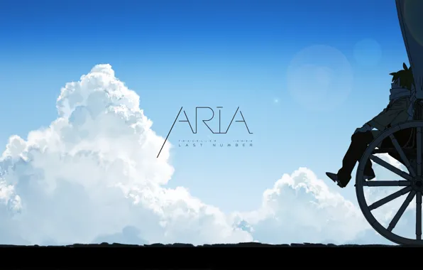 Picture girl, sky, anime, clouds, mood, Aria, wagon, wheel