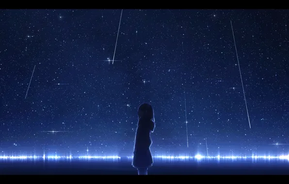 Water, girl, night, Starfall