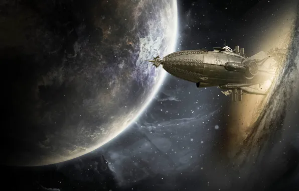 Space, stars, flight, night, fiction, ship, planet, galaxy
