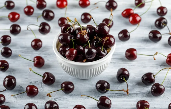 Cherry, berries, table, Board, bowl, placer, light background, cherry