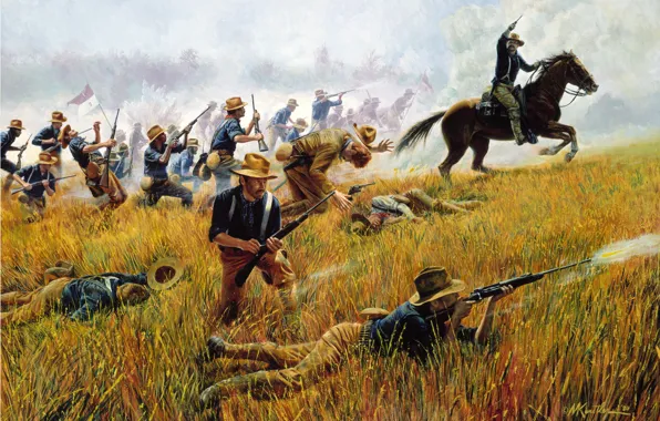 Picture war, horse, Rough Riders by Mort Kunstler, Kettle Hill, July 1, 1898 -- With the …