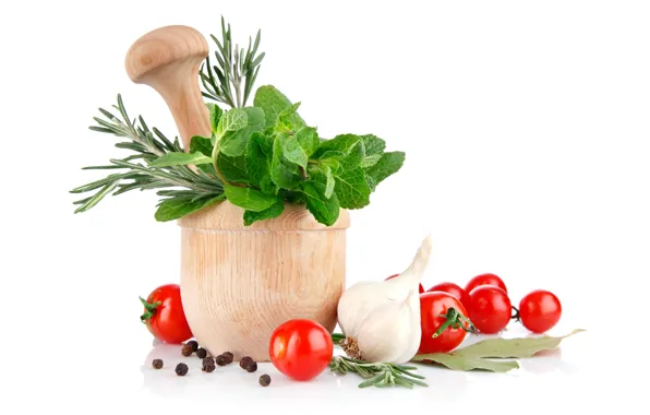 Greens, white background, vegetables, garlic, tomatoes