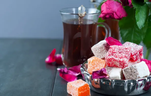 Flowers, tea, sweets, Turkish delight