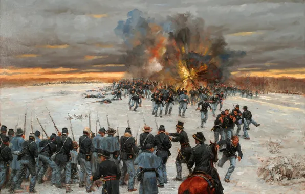Oil, picture, canvas, North America, retreat, the war between North and South, soldiers. weapons