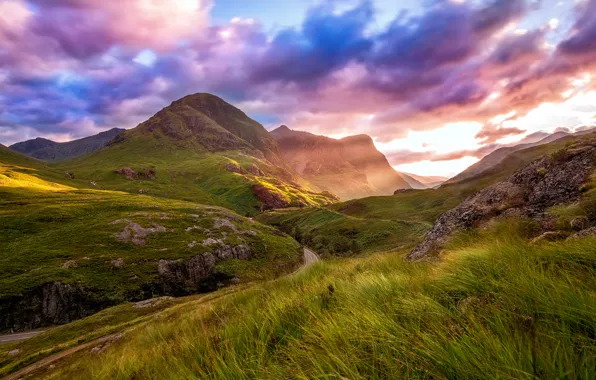 Road, summer, the sky, clouds, mountains, valley, Scotland, August