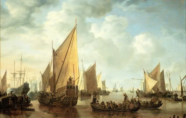 Picture sea, landscape, people, boat, ships, picture, sail, Simon de Vlieger