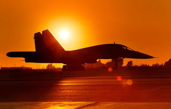 Picture the sun, sunset, the plane, background, the evening, Russia, bomber, the airfield