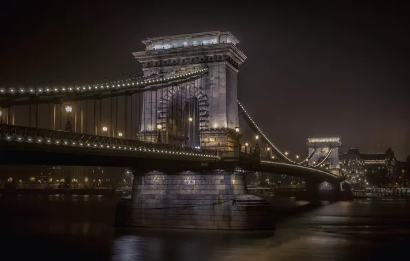 Night, lights, river, Hungary, Budapest, The Danube, Chain bridge