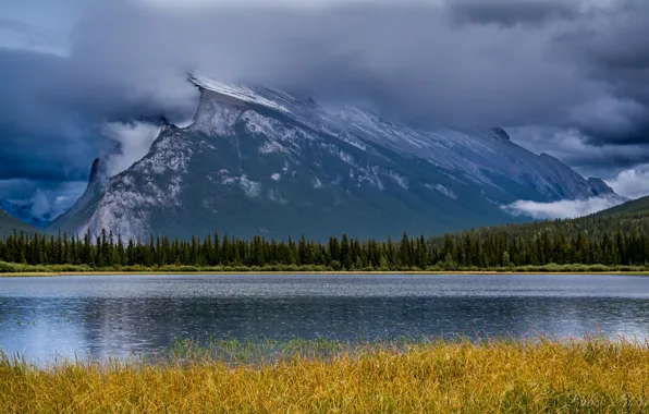 Forest, clouds, mountains, lake, Canada, Albert, Banff National Park, Alberta