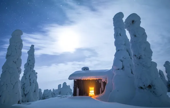 Winter, lights, house, Finland, Lapland