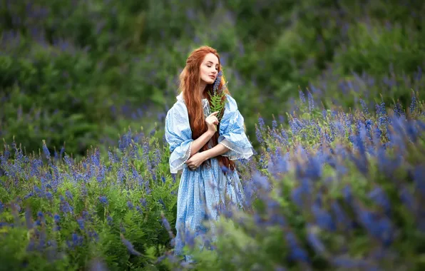 Girl, flowers, nature, pose, mood, red, redhead, long hair
