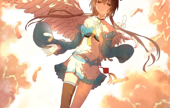 The sky, girl, clouds, wings, anime, feathers, art, vocaloid