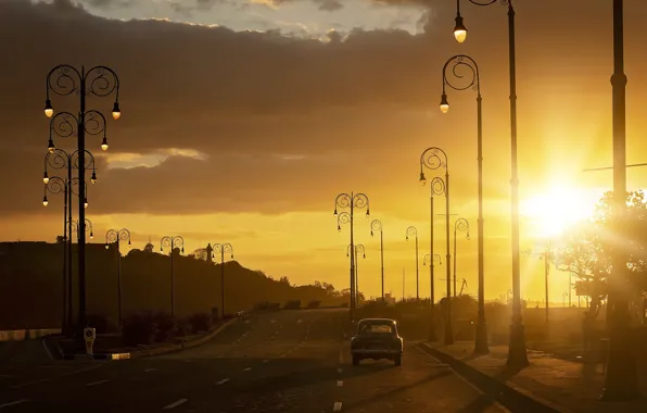 Road, car, sunset, lights, The sun, lights, car, road