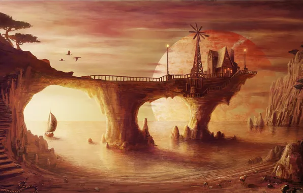 Picture lake, house, ship, planet, sailboat, art, mill, fantasy world