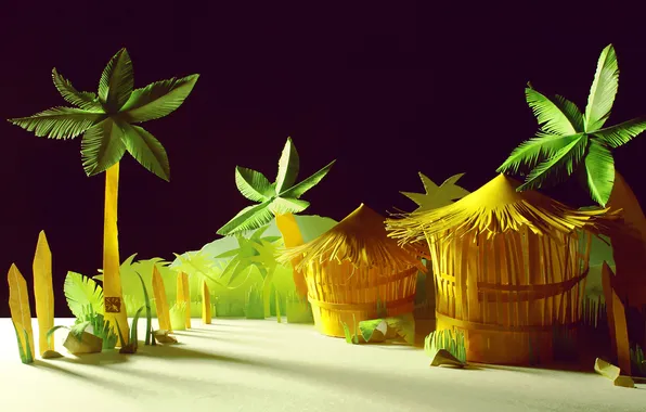Beach, house, paper, palm trees, jungle, cardboard, Bungalow, the hut