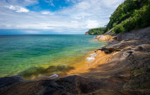 Picture sea, shore, vegetation, horizon, USA, rocky, Michigan, Miners Beach